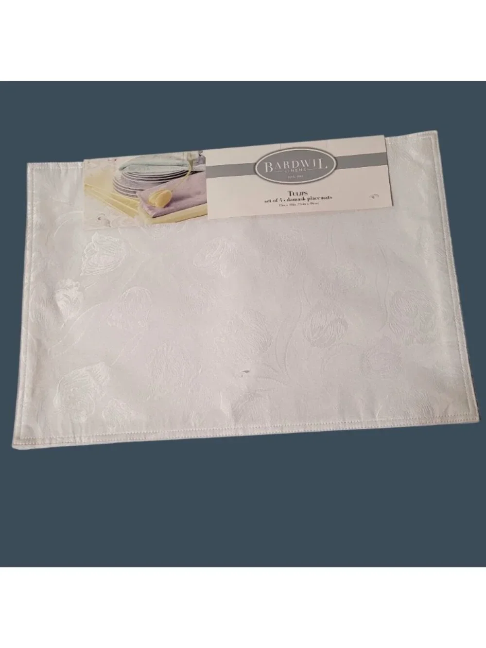 Bardwil Linens Tulips Damask Placemats & Napkins Set Of 4 White New
